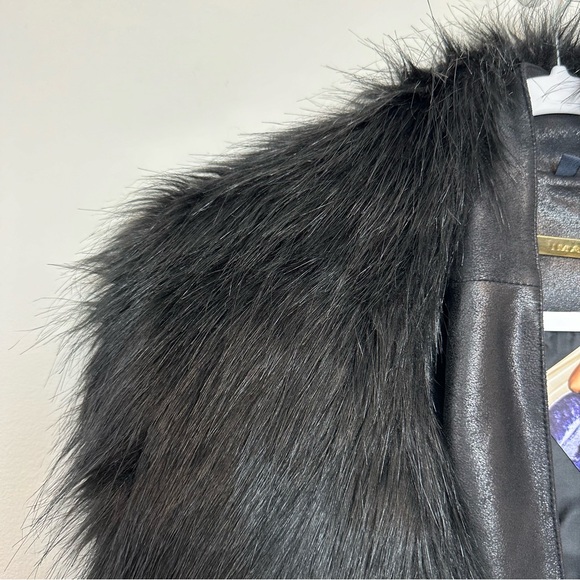 NWT IMAN Moto Jacket Faux Suede Fur Collar Zip Black Vegan Coat Large - Picture 7 of 13